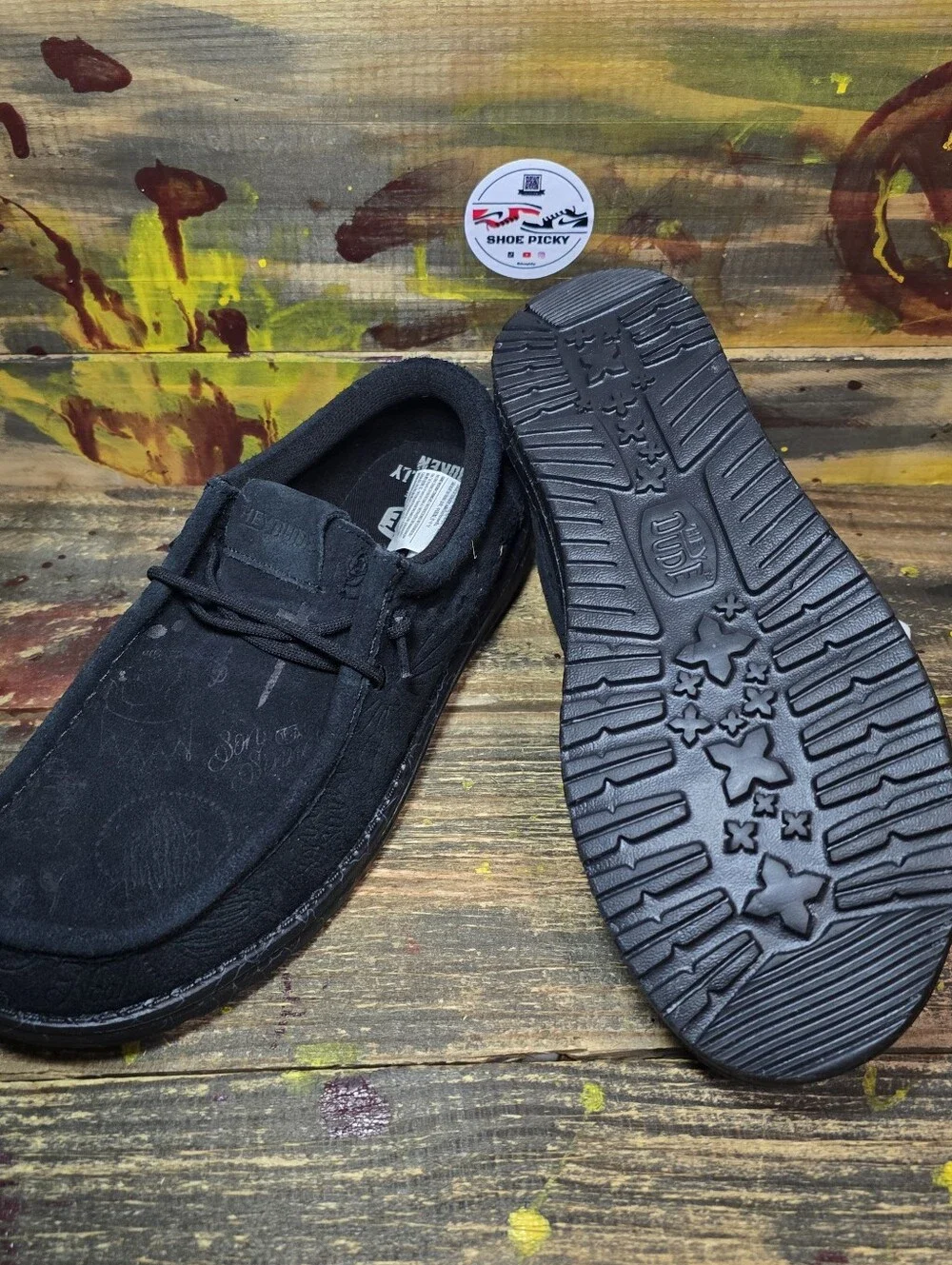 Hey Dude Wally Jelly Roll Men's Size 9 Black Suede Tattoo Loafers 44964-060 NEW